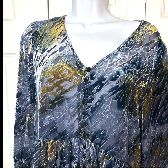 New SUNDANCE Velvet Riches Burnout Peplum Blouse Top Shirt Blue Green Silk Yello - Picture 5 of 12
